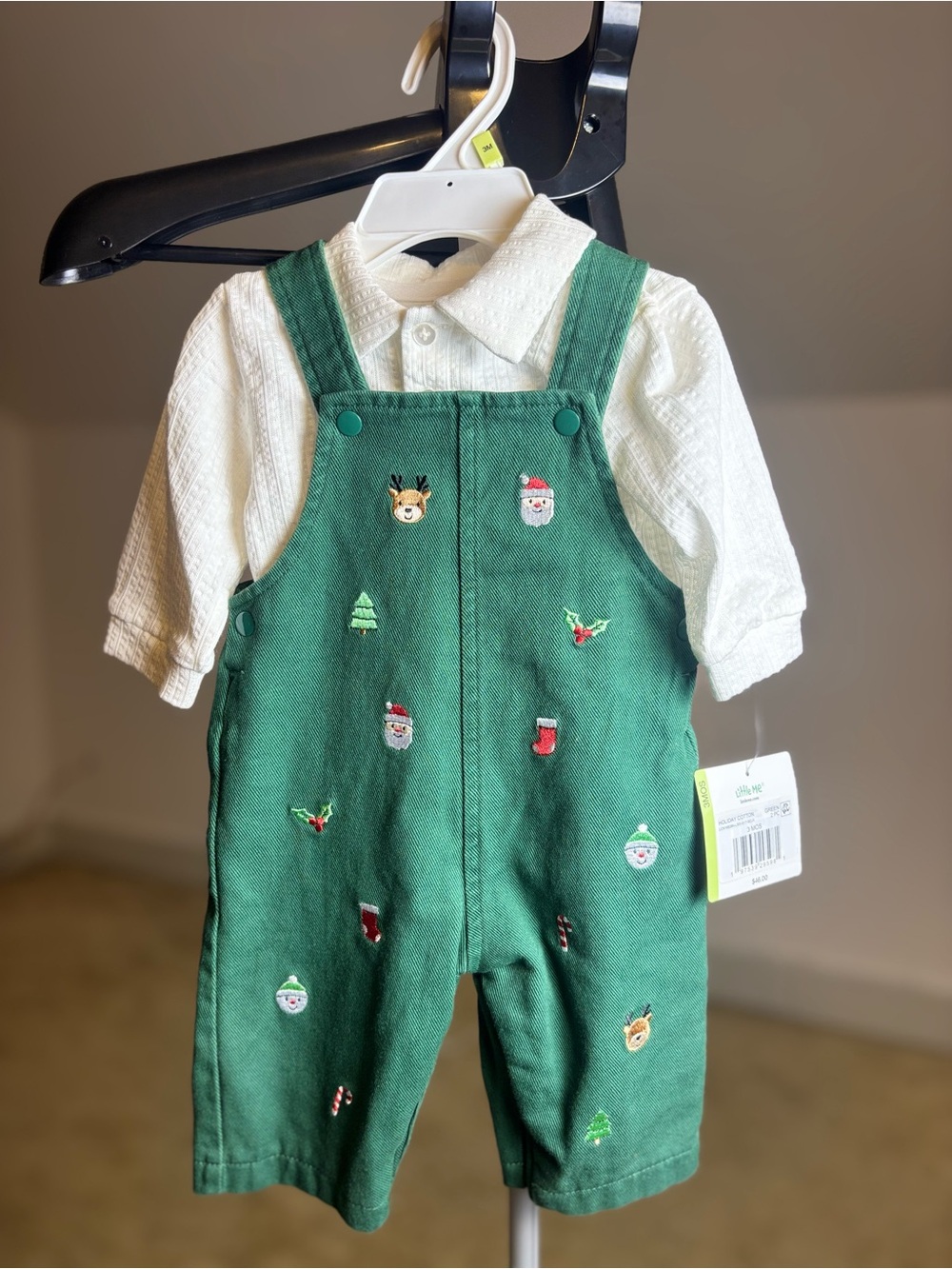 NWT Little Me Baby Boy Green Christmas Corduroy Overalls & Shirt Set 3M